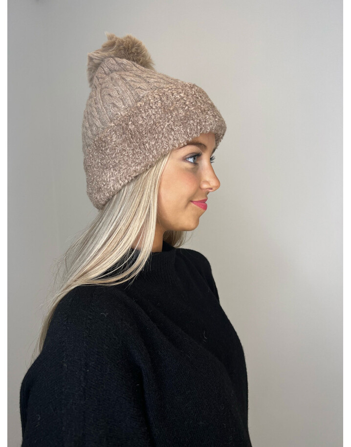 Lucy Cobb Accessories Bailey Boucle Faux Fur Bobble Hat - Taupe