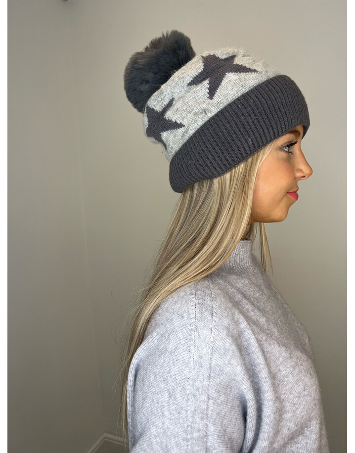 Lucy Cobb Accessories Sasha Star Faux Fur Hat - Charcoal Mix