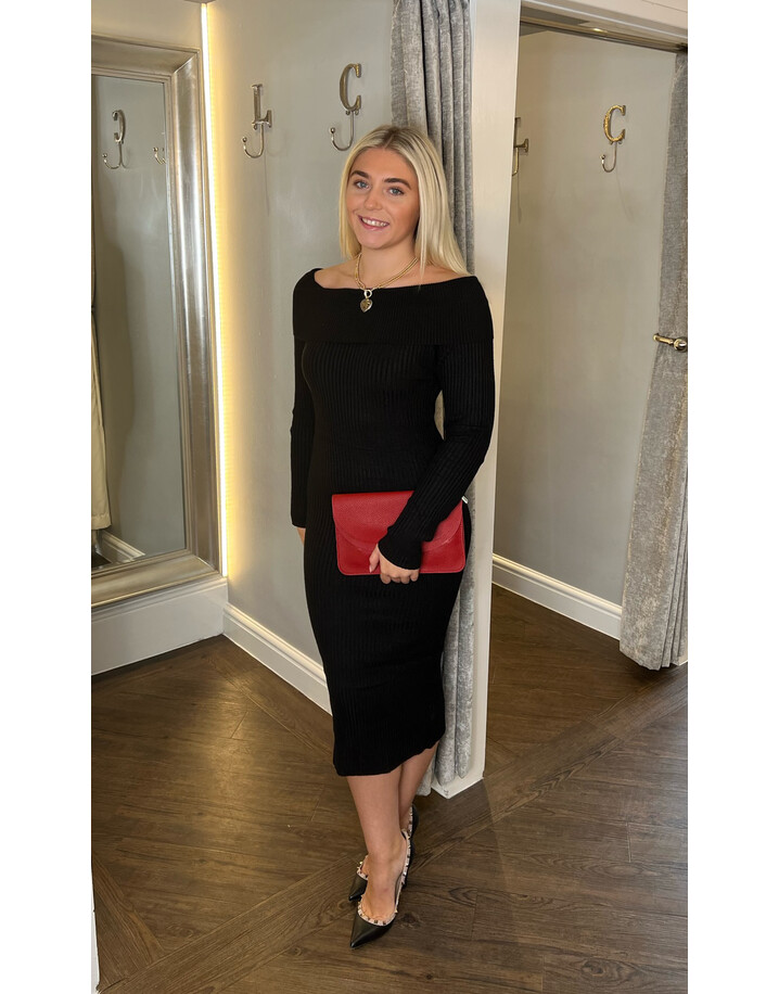 Lucy Cobb Raven Ribbed Bardot Bodycon Dress - Black
