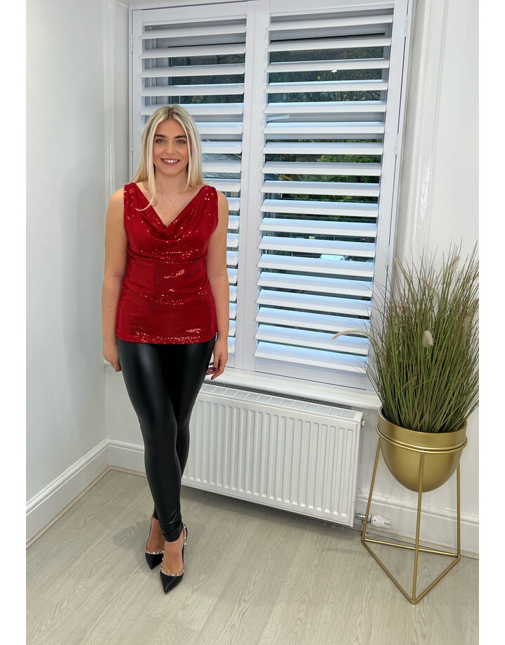 Lucy Cobb Noelle Sequin Cowl Neck Top - Red