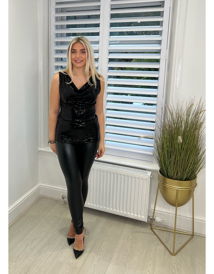 Lucy Cobb Noelle Sequin Cowl Neck Top - Black