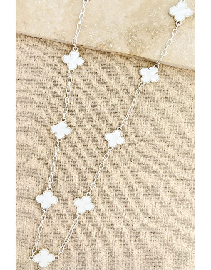 Envy Clover Long Necklace  - White & Silver