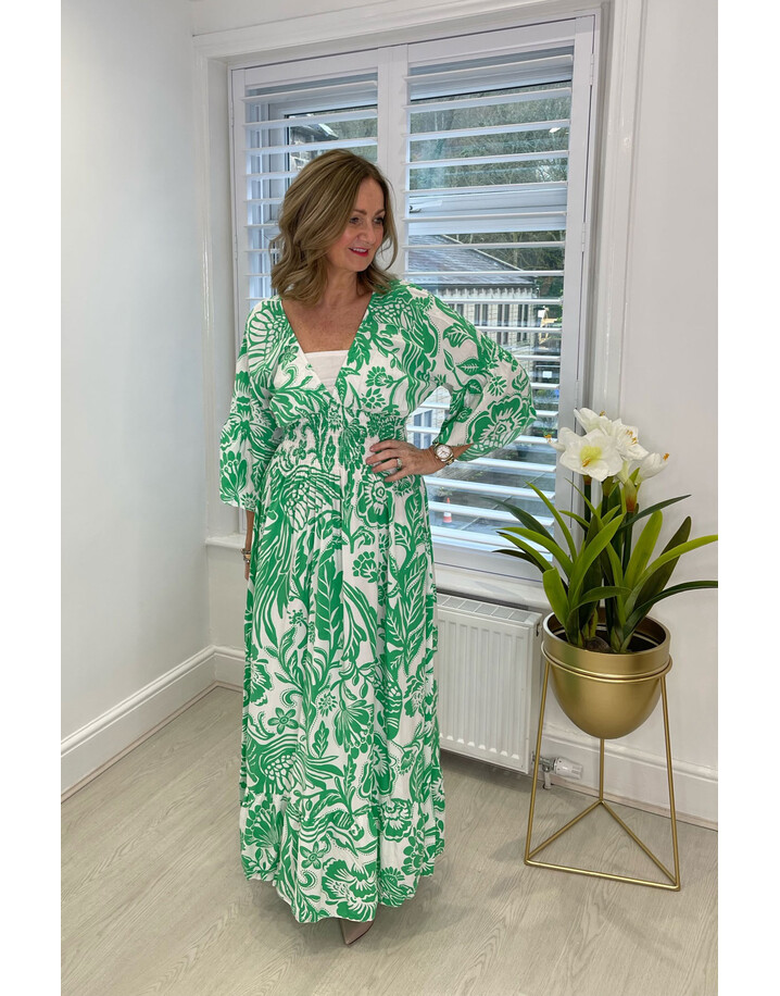 Lucy Cobb Palermo Abstract Floral Shirred Maxi Dress - Emerald