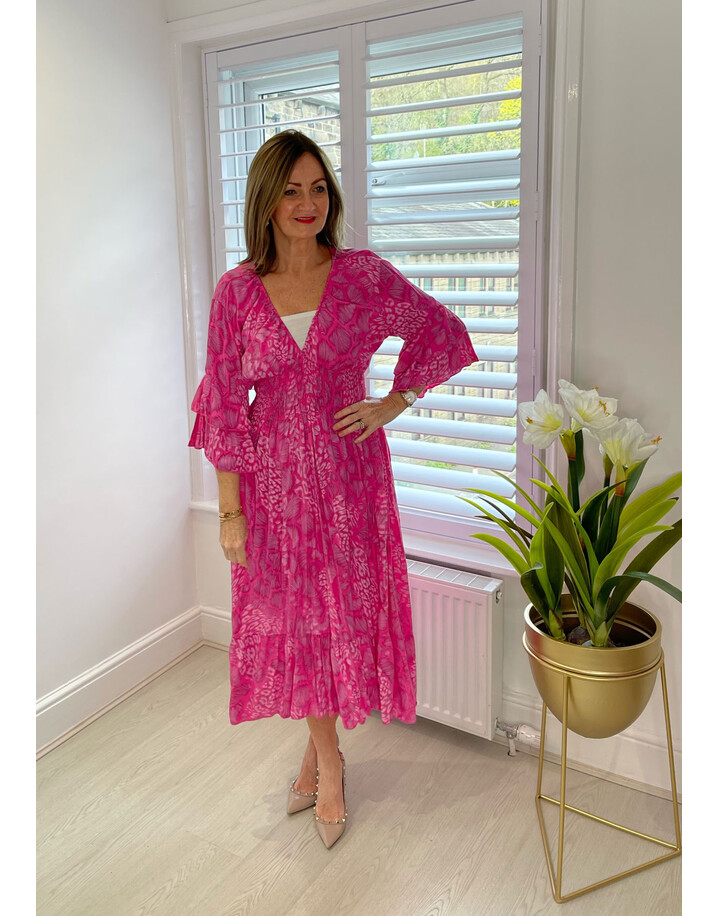 Lucy Cobb Amalfi Animal Print Midi Dress - Fuchsia