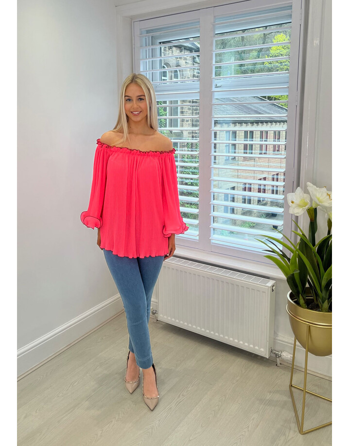Lucy Cobb Blair Bardot Frill Top - Neon Pink