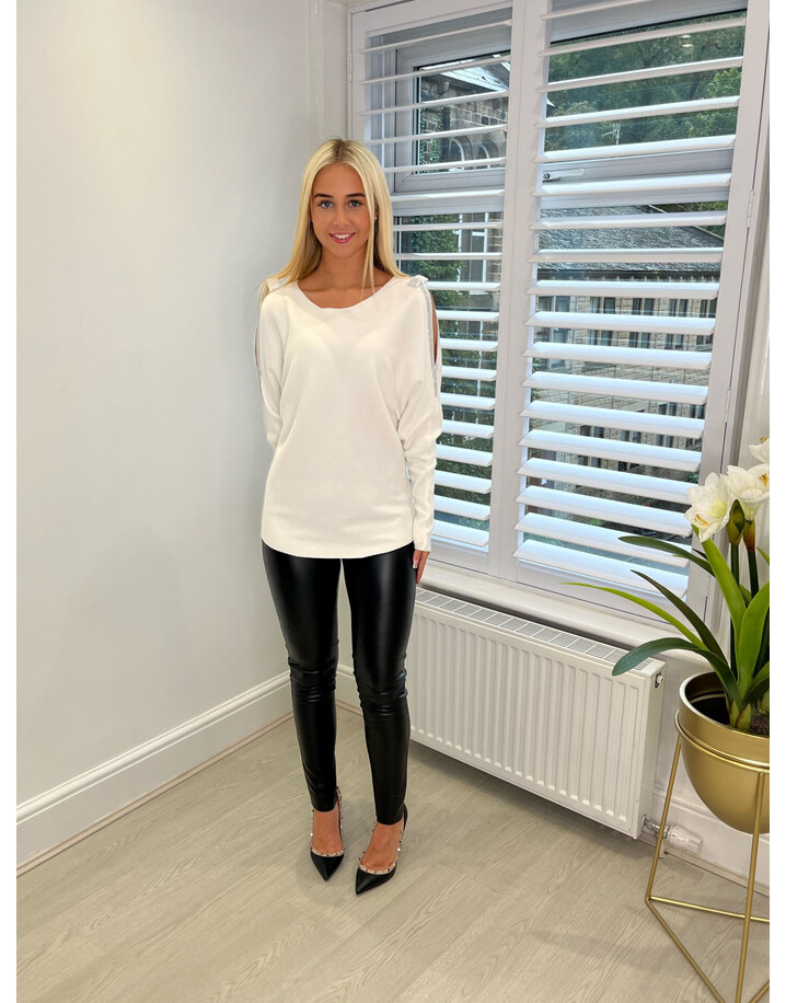 Lucy Cobb Delia Diamante Bow Cold Shoulder Jumper - Ivory