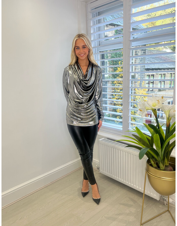 Lucy Cobb Millie Metallic Cowl Neck Top - Silver