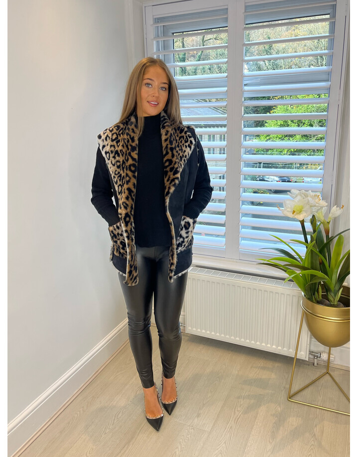 Lucy Cobb Leslie Leopard Faux Fur Lined Gilet - Black
