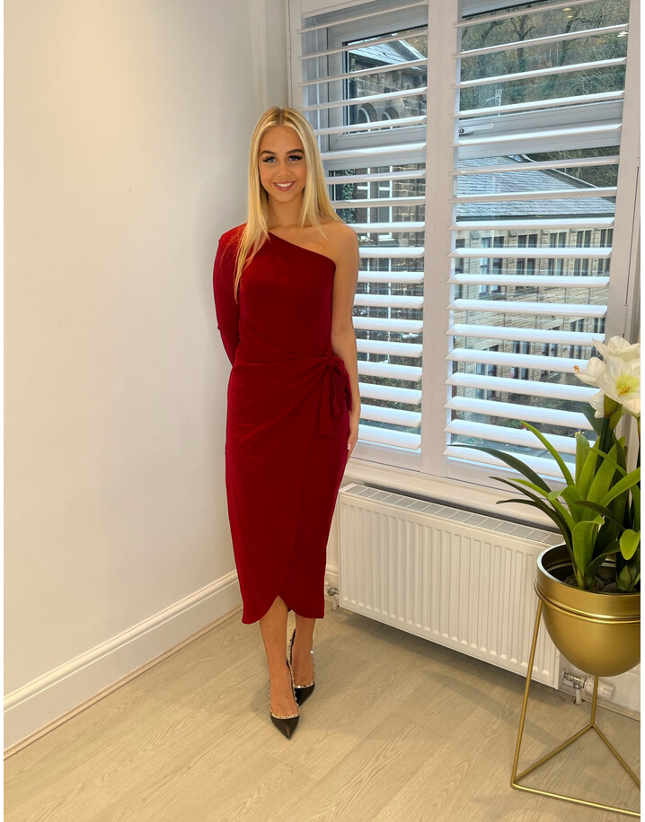 Lucy Cobb Evie One Shoulder Sparkle Midi Dress - Red