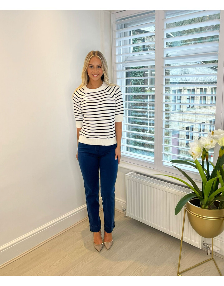French Connection Lily Mozart Stripe Short Sleeve Jumper - Summer White/Utility Blue 