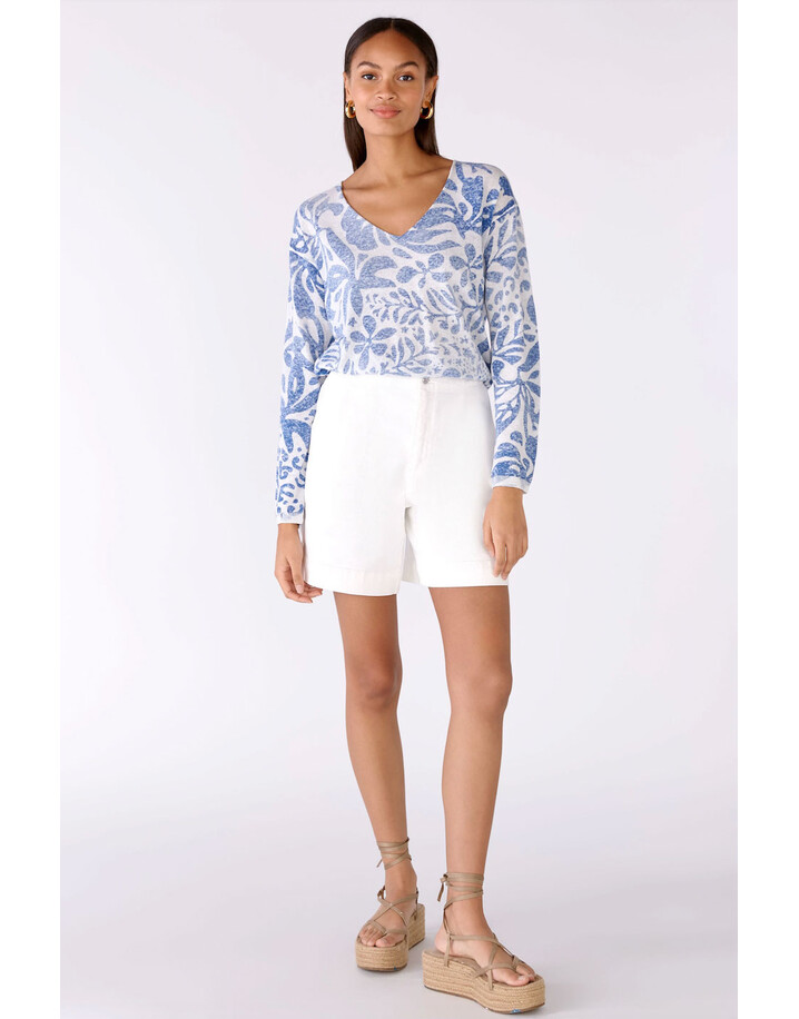 Oui Floral Print V-neck Jumper  - Blue Mix