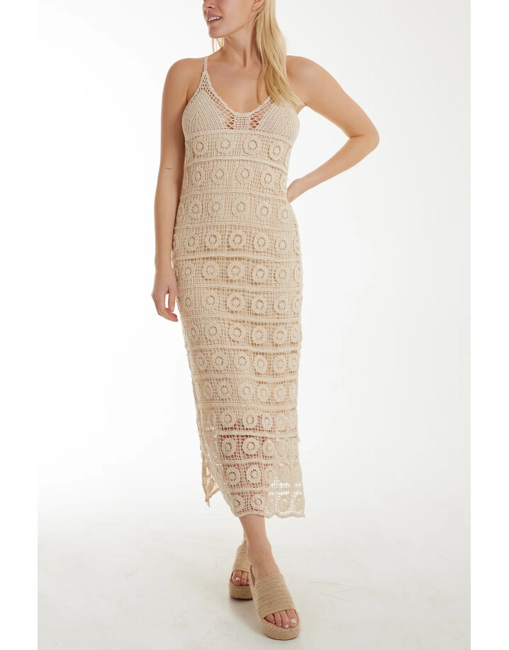 Lucy Cobb Callie Crochet Midi Dress - Stone