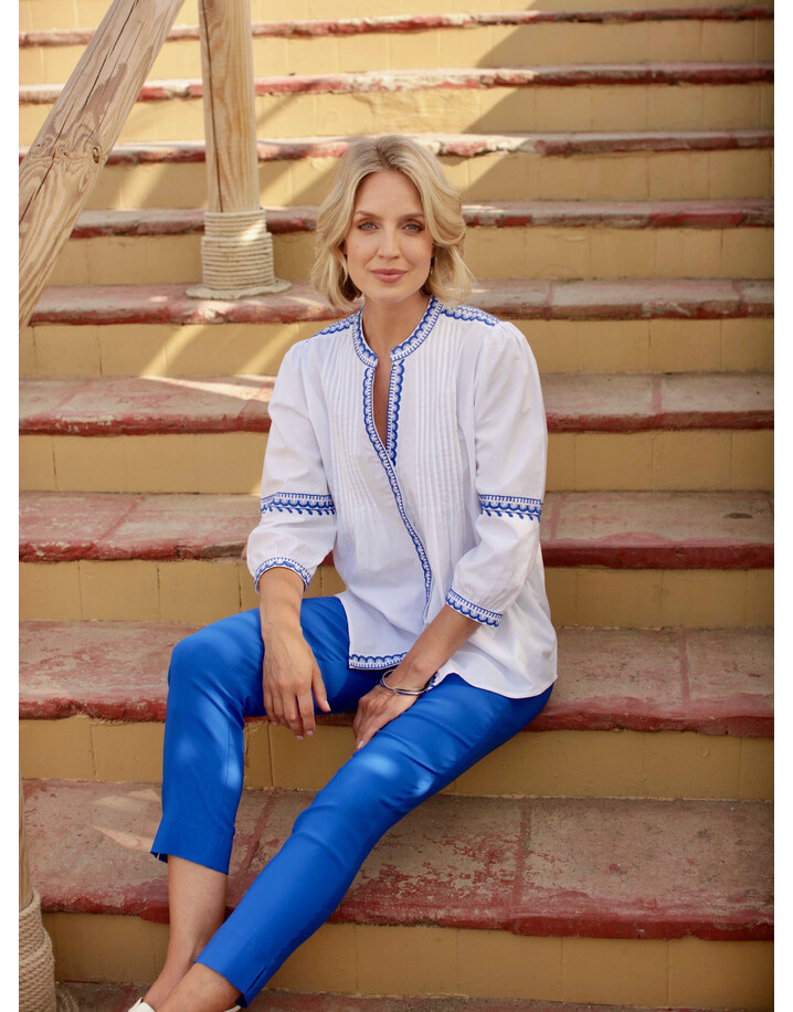 Pomodoro Artisan Embroidered Blouse - White/Royal