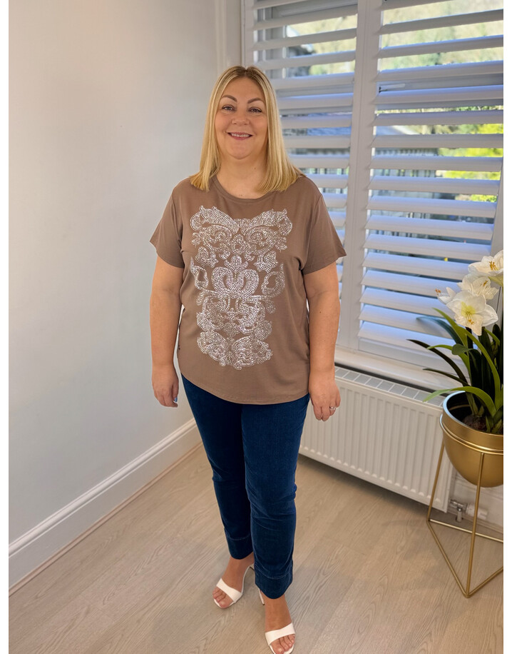 Malissa J Embellished Jersey T-shirt - Mocha