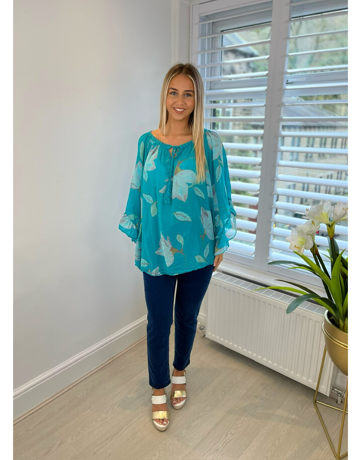 Lucy Cobb Olivia Floral Cotton Top  - Teal