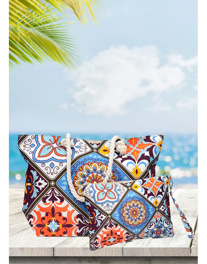 Envy Printed Beach Bag With Pouch - Blue / White