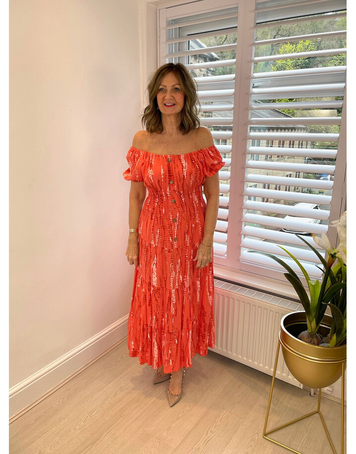 Lucy Cobb Bianca Bardot Midi Dress - Coral
