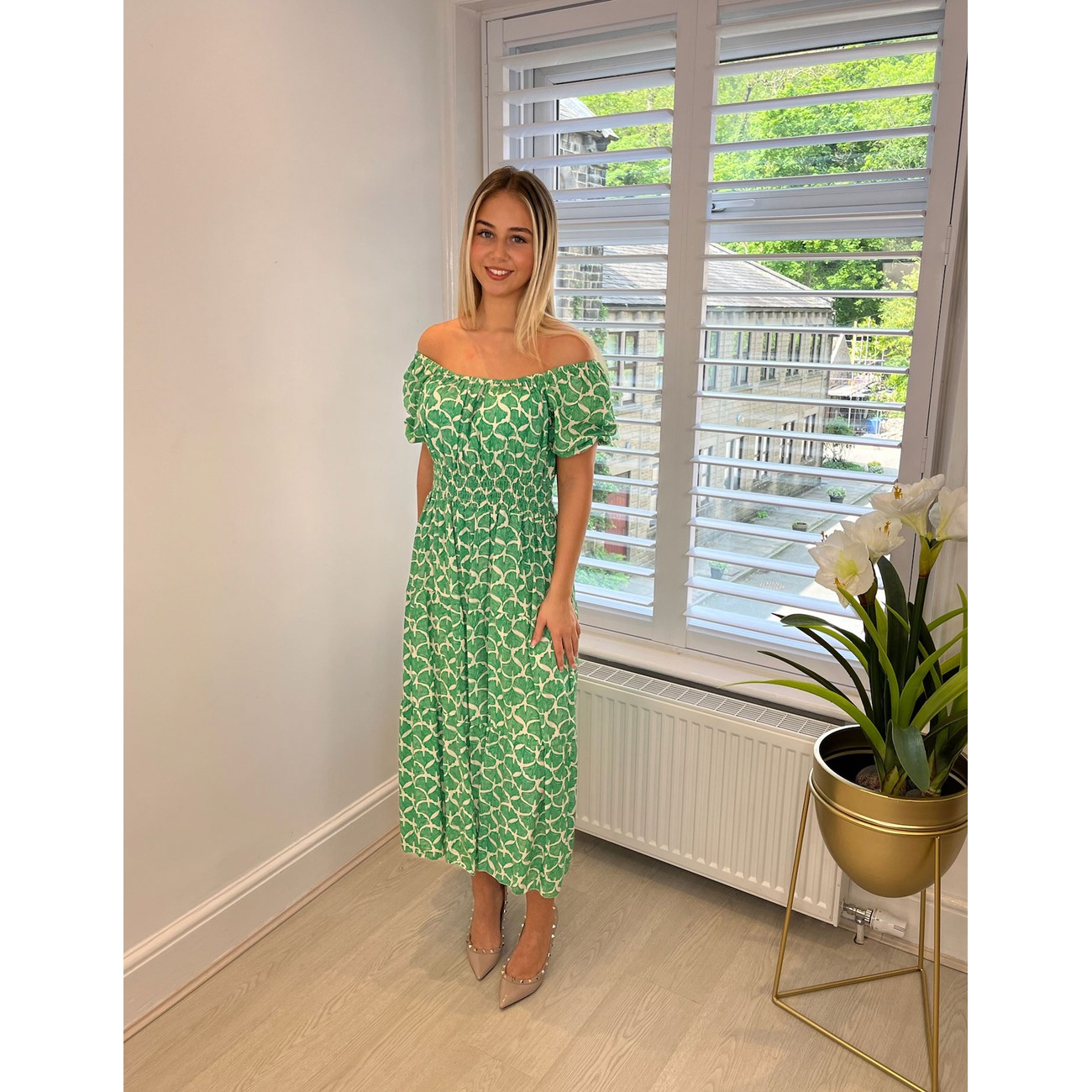 slim fit dress slacks Green Bardot Maternity Dress, Off The Shoulder, Baby Shower, Pregnant Guest Medium / Green main image 0