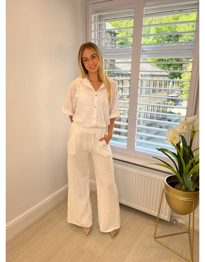 Lucy Cobb Carina Cotton Blend Wide Leg Trousers  - White
