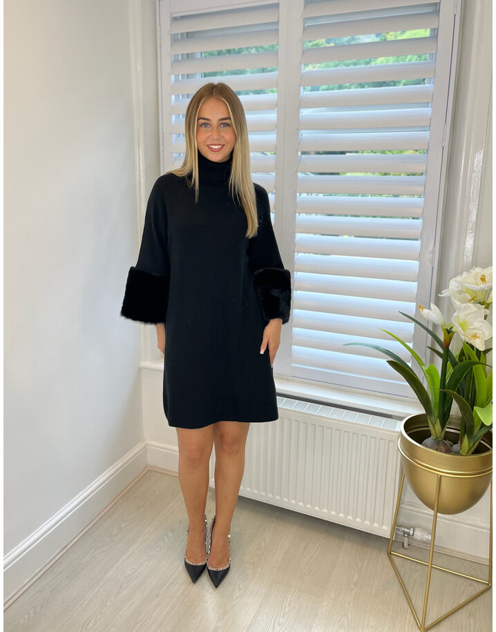 Lucy Cobb Felicity Faux Fur Cuff Jumper Dress - Black