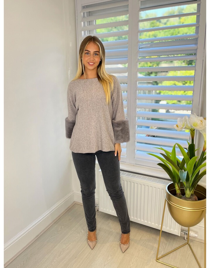 Lucy Cobb Felicity Faux Fur Cuff Jumper  - Mid Grey
