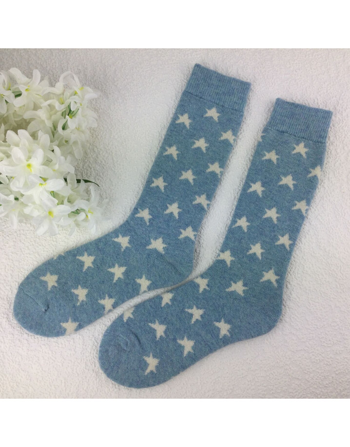 Lucy Cobb Wool Blend Socks  in Long Pale Blue Stars