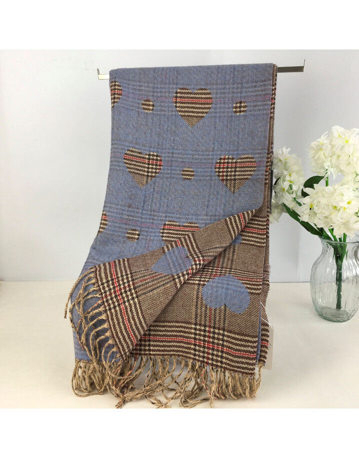 Lucy Cobb Heart & Check Reversible Scarf - Pale Blue 