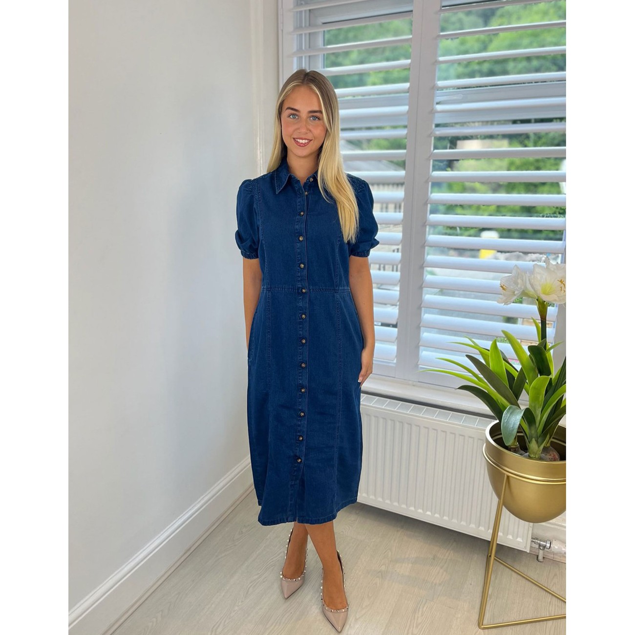 French Connection Chambray Button Through Shirt Dress in Mid Wash