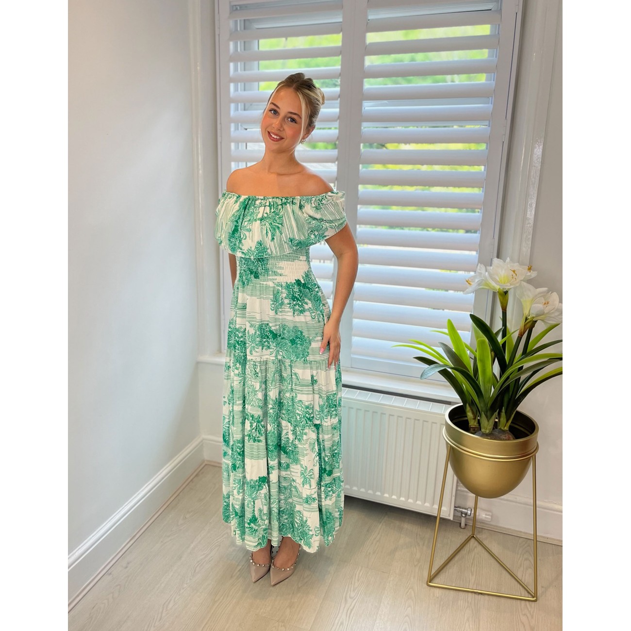 Lucy Cobb Delia Bardot Maxi Dress in Green