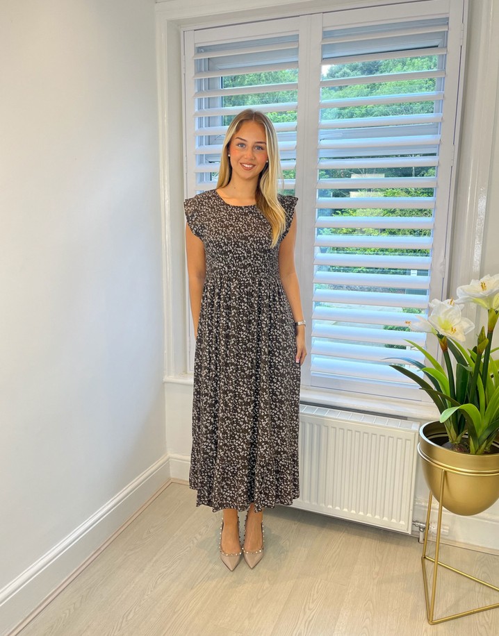 Lucy Cobb Dahlia Frill Floral Midi Dress - Chocolate