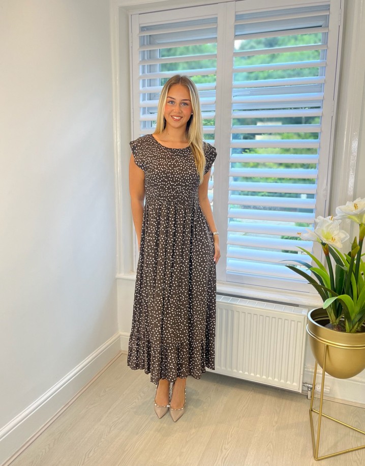 Lucy Cobb Dahlia Frill Polka Dot Midi Dress - Chocolate