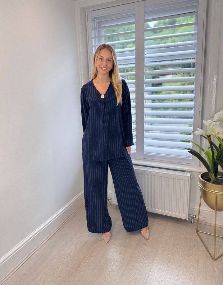 Lucy Cobb Striped Button Top & Trousers  - Navy
