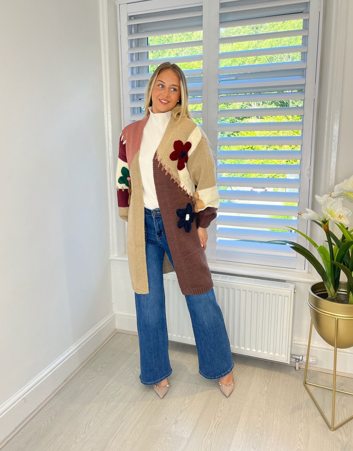 Lucy Cobb Fifi Flower Applique Longline Cardigan - Brown Mix