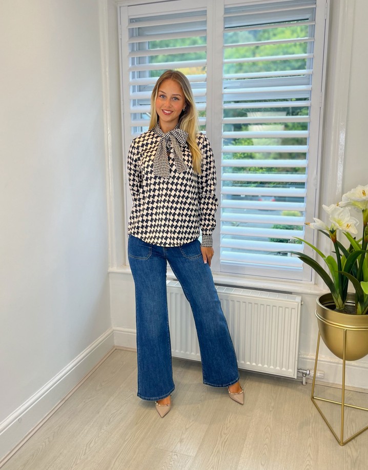 Lucy Cobb Dogtooth Pussybow Blouse  - Black & Cream Mix 