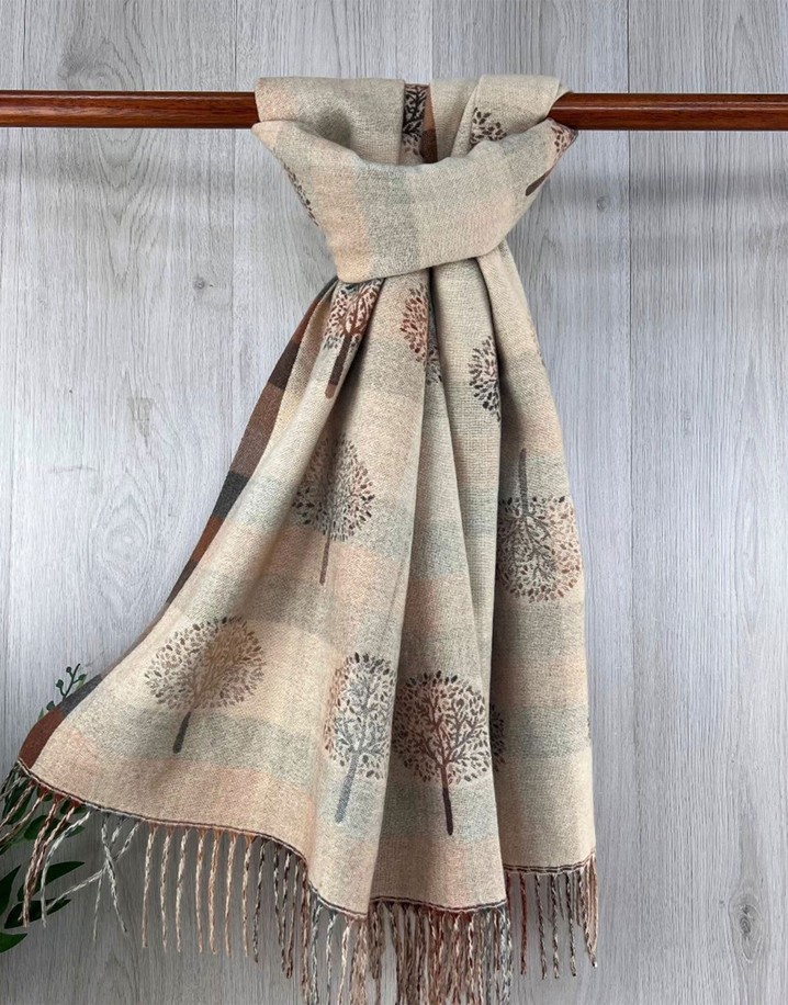 Lucy Cobb Striped Reversible Tree Of Life Scarf - Stone Mix