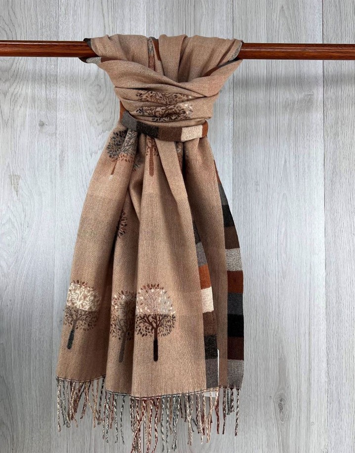 Lucy Cobb Striped Reversible Tree Of Life Scarf - Camel Mix 