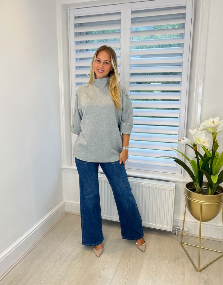 Lucy Cobb High Neck Button Sleeve Jumper - Grey