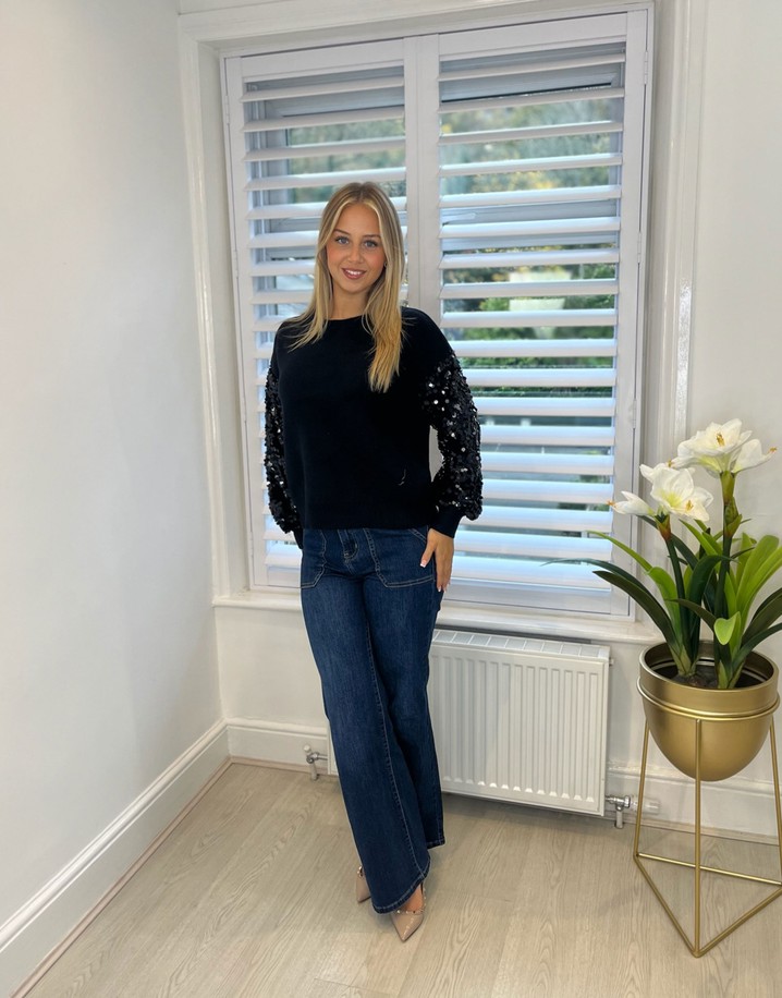 Lucy Cobb Sequin Sleeve Jumper - Black