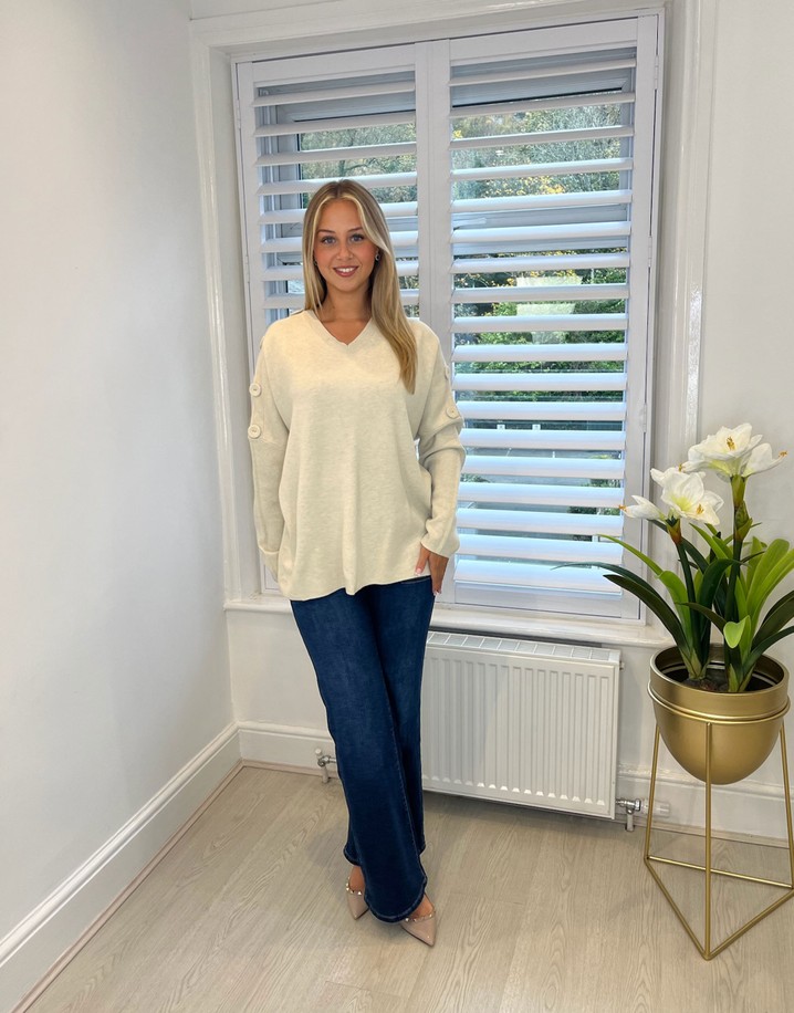 Lucy Cobb Button Sleeve V-neck Jumper - Oatmeal