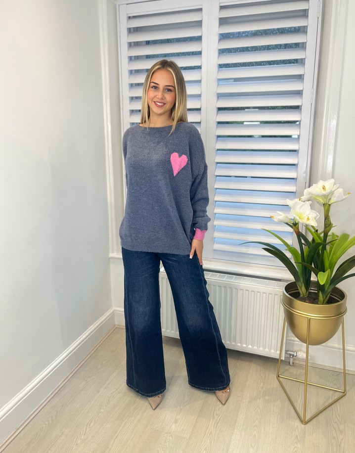Lucy Cobb Hattie Heart Jumper - Denim with Pink 