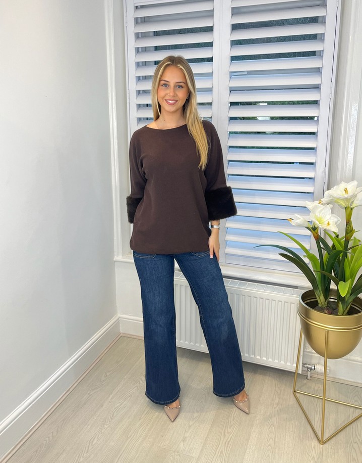 Lucy Cobb Faye Faux Fur Cuff Jumper - Chocolate