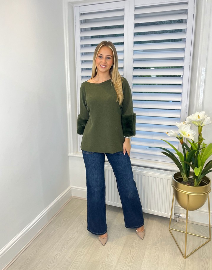 Lucy Cobb Faye Faux Fur Cuff Jumper - Khaki