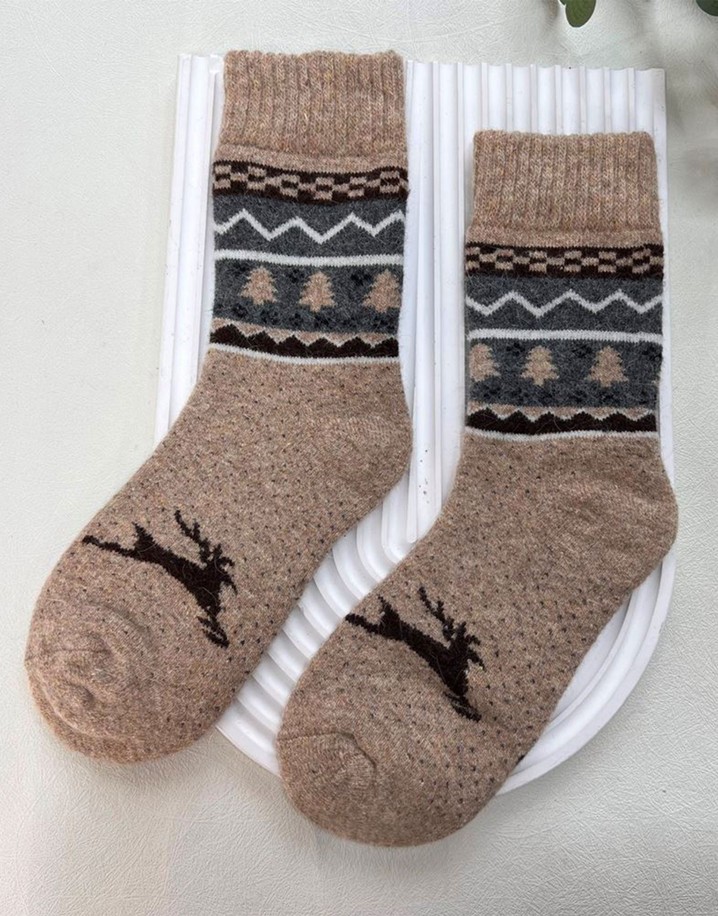 Lucy Cobb Wool Blend Socks  in Beige Reindeer Fairisle