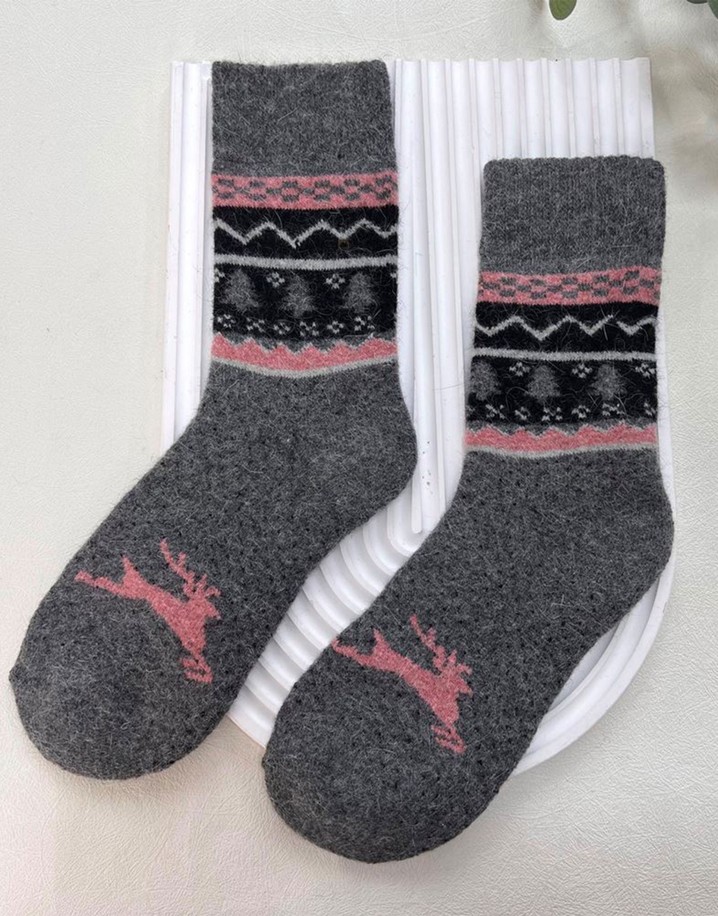 Lucy Cobb Wool Blend Socks  in Dark Grey Reindeer Fairisle