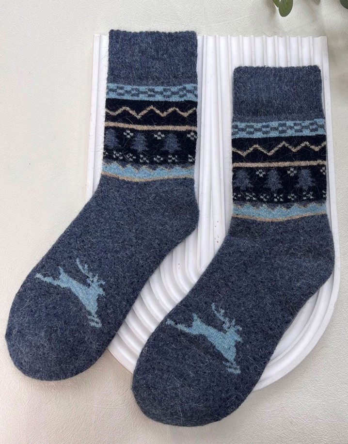 Lucy Cobb Wool Blend Socks  in Denim Reindeer Fairisle