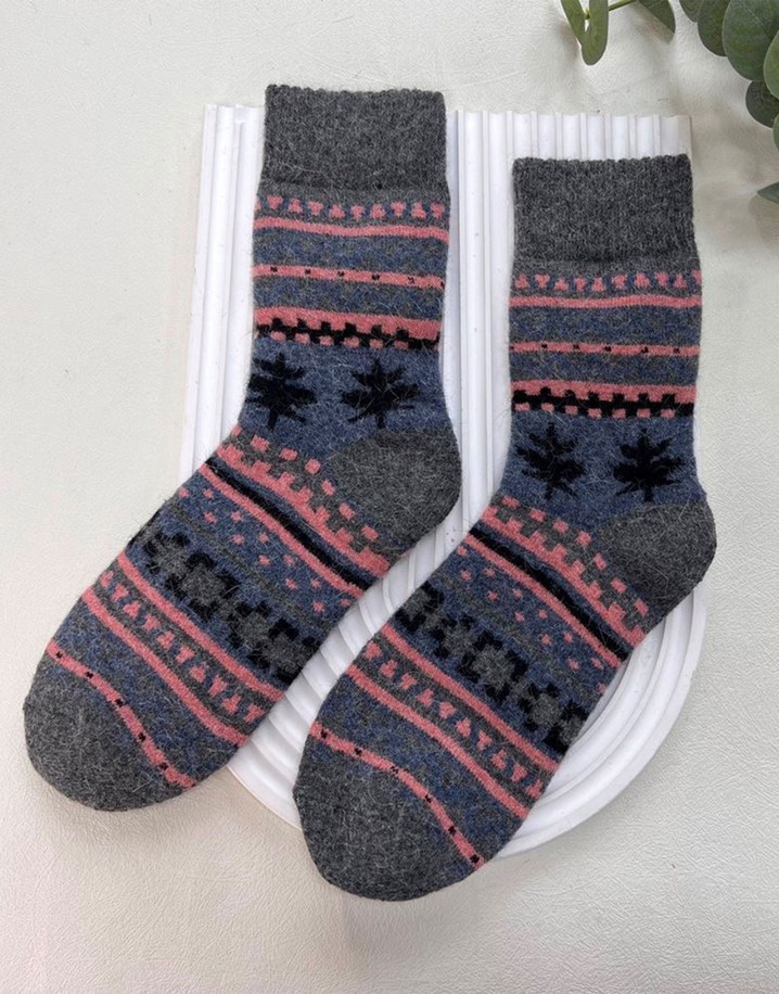 Lucy Cobb Wool Blend Socks  in Denim Tree Fairisle