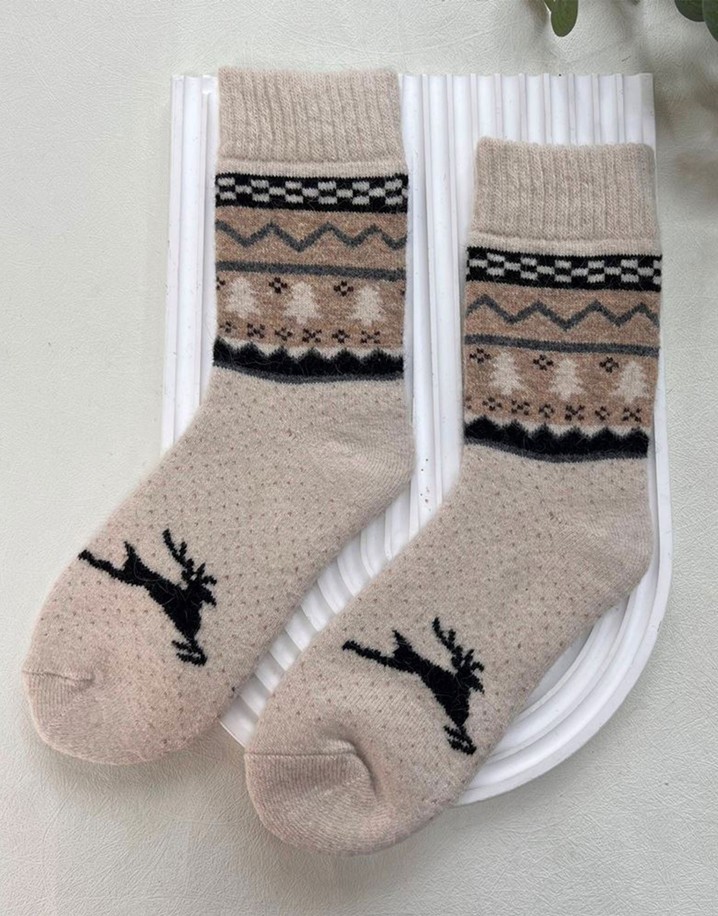 Lucy Cobb Wool Blend Socks  in Ivory Reindeer Fairisle