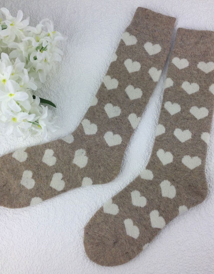 Lucy Cobb Wool Blend Socks  in Long Beige Hearts