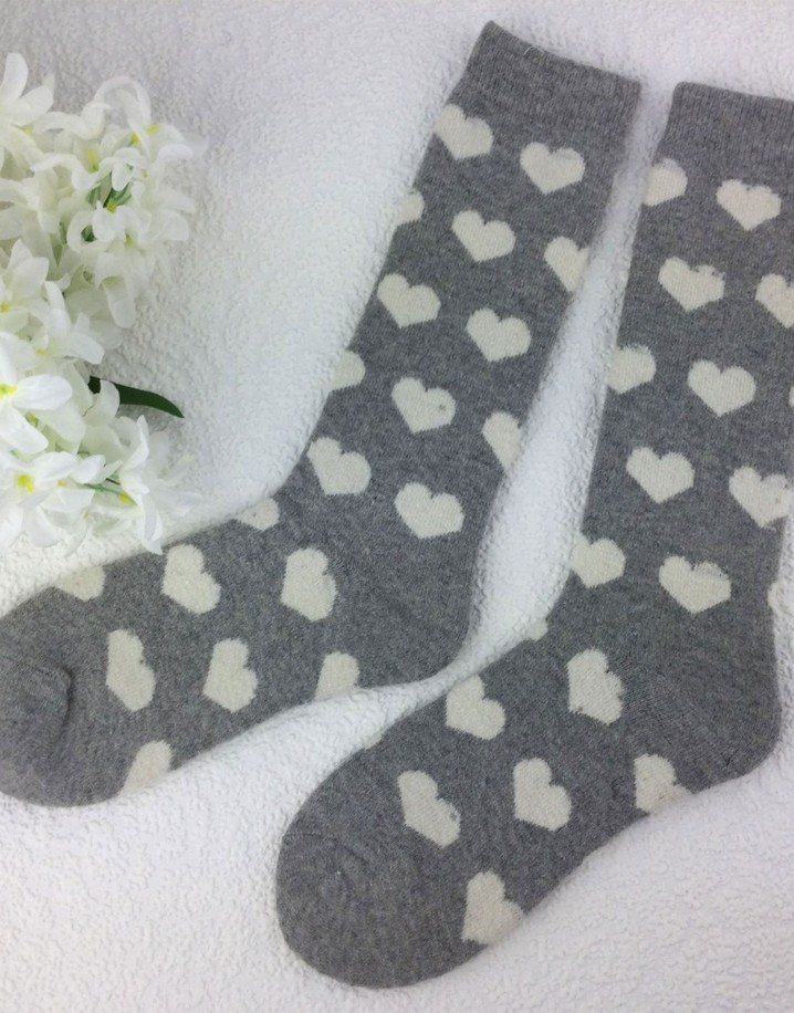 Lucy Cobb Wool Blend Socks  in Long Light Grey Hearts