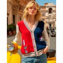Embroidered Pocket Cardigan - Red, Navy & White